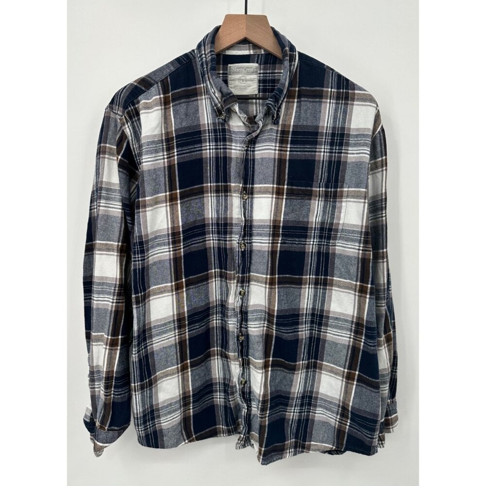 North Crest Flannel Shirt Men XL Blue Brown Plaid Button Up Long Sleeve Cotton